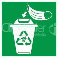 Warning sign, icon info. Disposing bin for used face masks, gloves, ppe only sticker. Coronavirus covid-19 healthcare safety measure. Vector element isolated on white background for shop, store.
