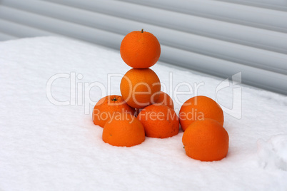 Oranges lie in the snow. Ripe fruits