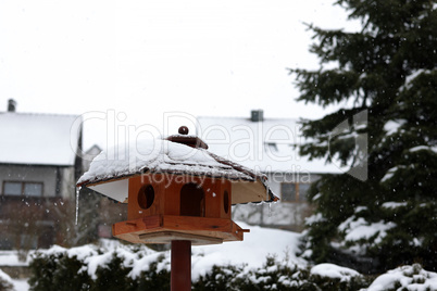 Bird houses and feeders in the park in winter