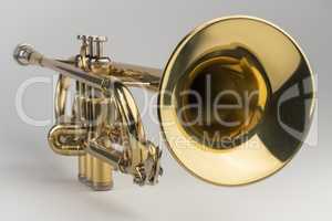 Gold colored trumpet as an isolated object against a white backg