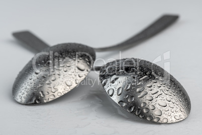Artistic place setting photo of two spoons with water droplets.