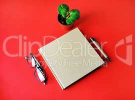 Book, glasses, pen, plant
