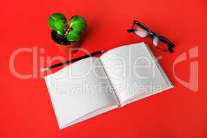 Book, glasses, plant, pencil