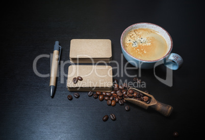 Business cards, coffee