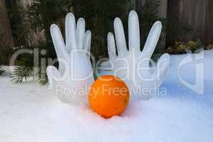 Orange on the snow on the background of ice hands