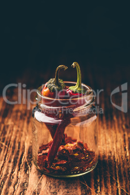 Two dried red chili peppers in jar