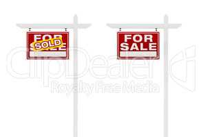 Two Left Facing Sold and For Sale Real Estate Signs With Clippin