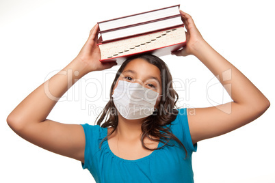 Hispanic Student Girl Wearing Face Mask with Books Isolated on W