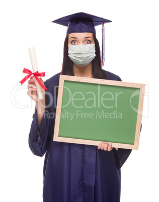 Graduating Female Wearing Medical Face Mask and Cap and Gown  Ho