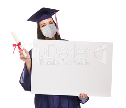 Graduating Female Wearing Medical Face Mask and Cap and Gown  Ho