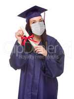 Graduating Female Wearing Medical Face Mask and Cap and Gown  Is
