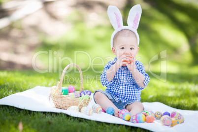 Mixed Race Chinese and Caucasian Baby Boy Outside Wearing Rabbit