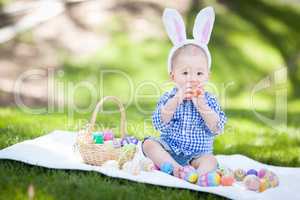 Mixed Race Chinese and Caucasian Baby Boy Outside Wearing Rabbit