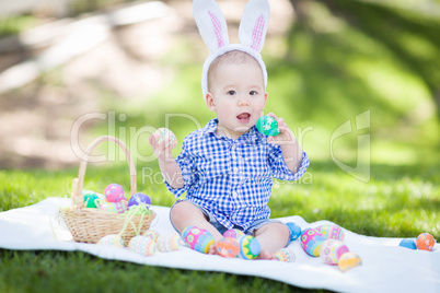 Mixed Race Chinese and Caucasian Baby Boy Outside Wearing Rabbit
