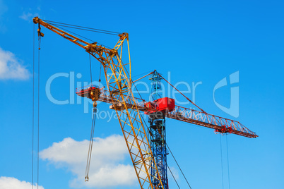 Two cranes, blue sky