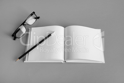Brochure, pencil and glasses