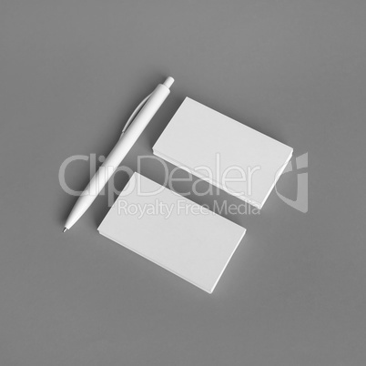 Blank business cards, pen