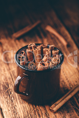 Cinnamon sticks in a metal mugr