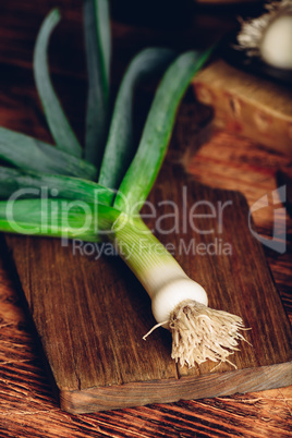 Fresh green leek on cutting board