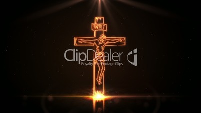 Jesus Christ on cross being drawn with golden light on black