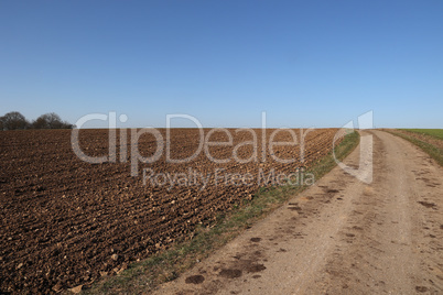 The road next to a plowed field in spring