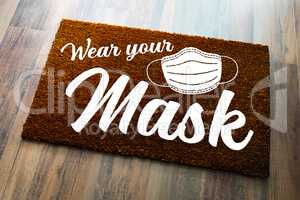 Wear Your Mask Welcome Door Mat on Wood Floor