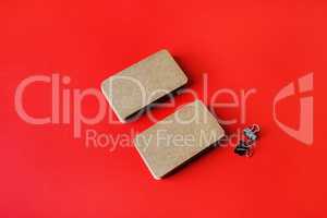 Kraft business cards on red