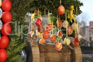 Colored decorative eggs are used to decorate wells in Germany for Easter