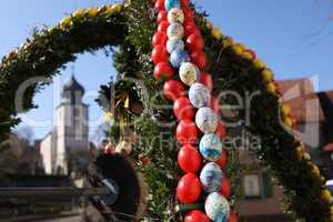 Colored decorative eggs are used to decorate wells in Germany for Easter