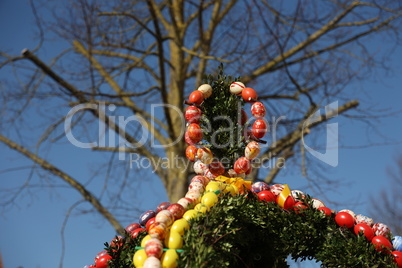 Colored decorative eggs are used to decorate wells in Germany for Easter