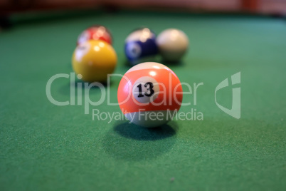 Colored pool balls on a green pool table