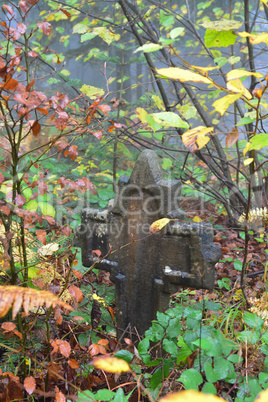 Old tombstone in the misty forest