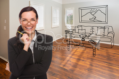 Woman With Pencil In Empty Room of New House with Couch and Tabl