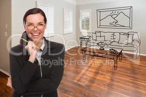 Woman With Pencil In Empty Room of New House with Couch and Tabl