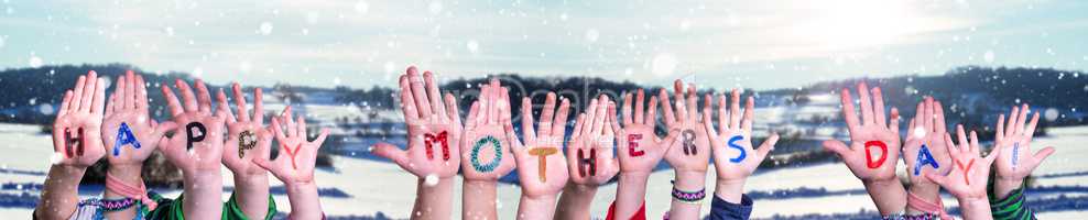 Children Hands Building Word Happy Mothers Day, Snowy Winter Background