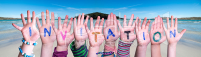 Children Hands Building Word Invitation, Ocean Background