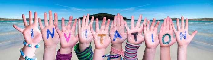 Children Hands Building Word Invitation, Ocean Background