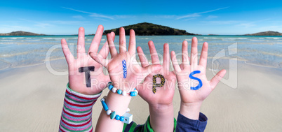 Children Hands Building Word Tips, Ocean Background