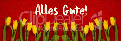 Baner Of Yellow Tulip Flowers, Red Background, Alles Gute Means Best Wishes