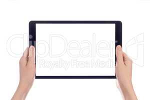 Hands holding black tablet, isolated on white background