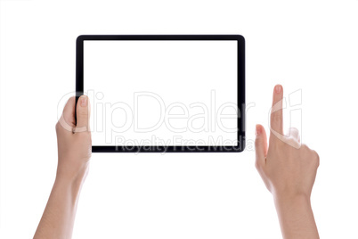 Hands holding black tablet, isolated on white background