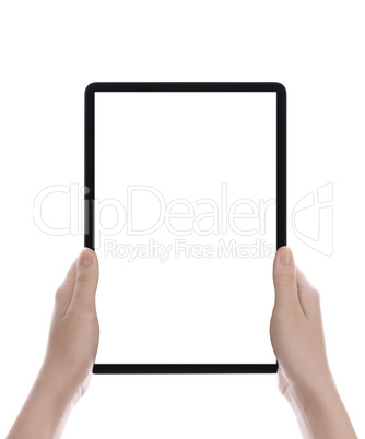 Hands holding black tablet, isolated on white background