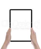 Hands holding black tablet, isolated on white background