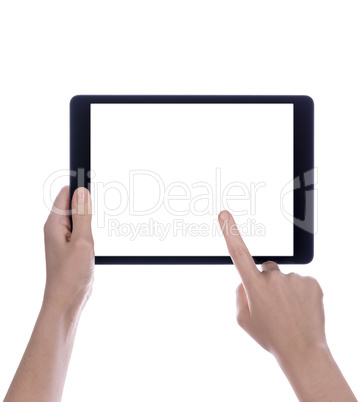 Hands holding black tablet, isolated on white background