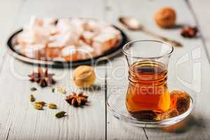Asian tea with turkish delight Rahat Lokum and different spices