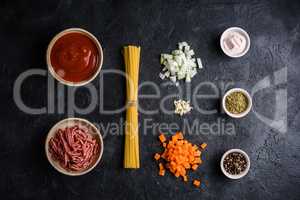 Ingredients for simple pasta bolognese