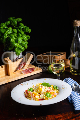 Tagliatelle with gorgonzola masarpone sauce and ham.