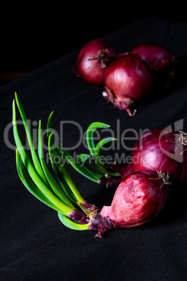 Red onions with green stems