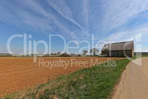 Spring landscape with sown fields and blue sky