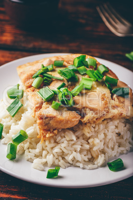 White rice with scrambled eggs with chicken and green onion